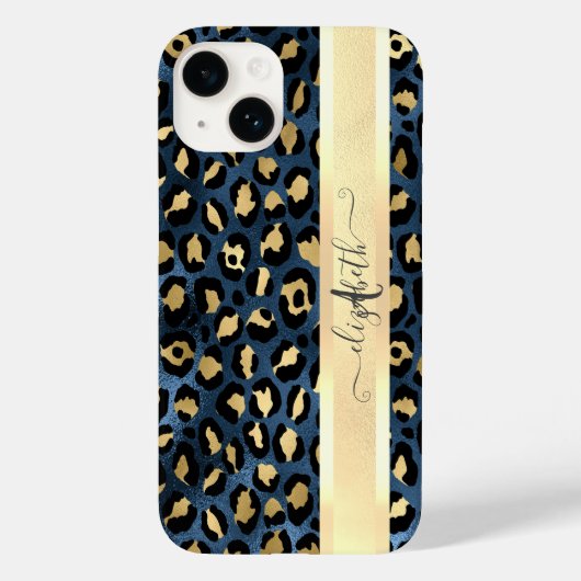 ヒョウ柄 ブルー ゴールド モノグラム Case-Mate iPhoneケース (裏面)