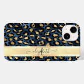 ヒョウ柄 ブルー ゴールド モノグラム Case-Mate iPhoneケース (裏面 (横))