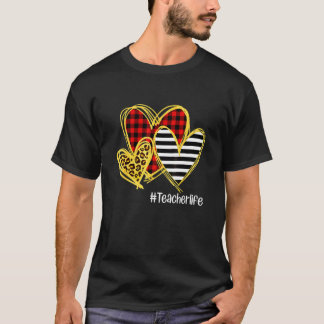 ヒョウ柄+レッド+タータンチェック+ストライプ+ハート教師の人生のバレ Tシャツ