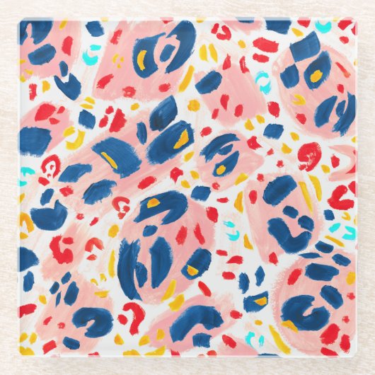 ヒョウ柄：手色彩の鮮やかの水色。 ガラスコースター (正面)