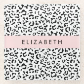 ヒョウ柄，斑点，白黒，あなたの名前 ガラスコースター (正面)