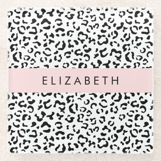 ヒョウ柄，斑点，白黒，あなたの名前 ガラスコースター (正面)