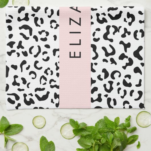 ヒョウ柄，斑点，白黒，あなたの名前 キッチンタオル (折り畳み)