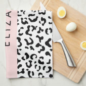 ヒョウ柄，斑点，白黒，あなたの名前 キッチンタオル (四つ折り)