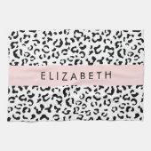 ヒョウ柄，斑点，白黒，あなたの名前 キッチンタオル (横)