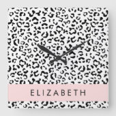 ヒョウ柄，斑点，白黒，あなたの名前 スクエア壁時計 (正面)