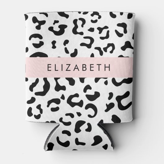 ヒョウ柄,斑点,白黒,あなたの名前 缶クーラー (正面)