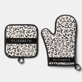 ヒョウ柄,斑点,白黒,あなたの名前 鍋つかみ&鍋敷きセット (正面)