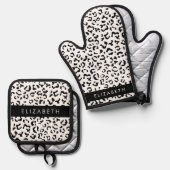 ヒョウ柄,斑点,白黒,あなたの名前 鍋つかみ&鍋敷きセット (正面/裏面)