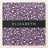 ヒョウ柄、斑点、紫ヒョウ、あなたの名前 ガラスコースター (正面)