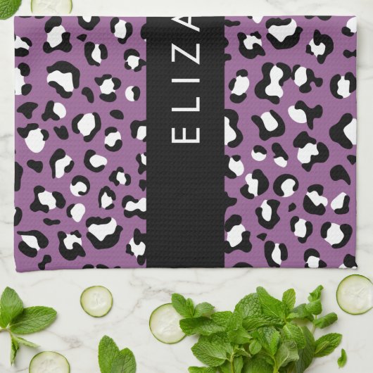 ヒョウ柄、斑点、紫ヒョウ、あなたの名前 キッチンタオル (折り畳み)