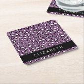 ヒョウ柄、斑点、紫ヒョウ、あなたの名前 スクエアペーパーコースター (アングル)
