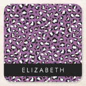 ヒョウ柄、斑点、紫ヒョウ、あなたの名前 スクエアペーパーコースター (正面)