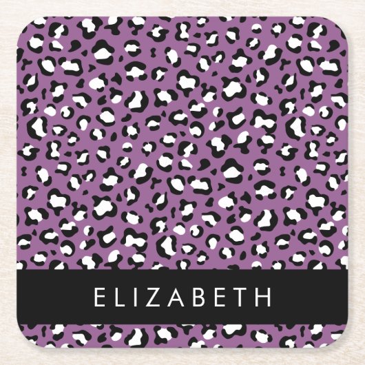ヒョウ柄、斑点、紫ヒョウ、あなたの名前 スクエアペーパーコースター (正面)