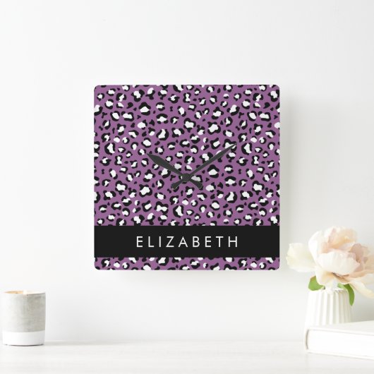 ヒョウ柄、斑点、紫ヒョウ、あなたの名前 スクエア壁時計 (ホーム)