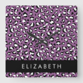 ヒョウ柄、斑点、紫ヒョウ、あなたの名前 スクエア壁時計 (正面)