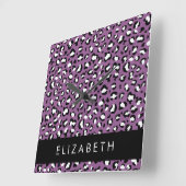 ヒョウ柄、斑点、紫ヒョウ、あなたの名前 スクエア壁時計 (傾斜)