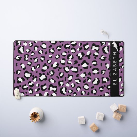 ヒョウ柄、斑点、紫ヒョウ、あなたの名前 デスクマット (キッズテーブル)