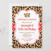 ヒョウ柄 赤い四葉の誕生日パーティー 招待状 (正面)