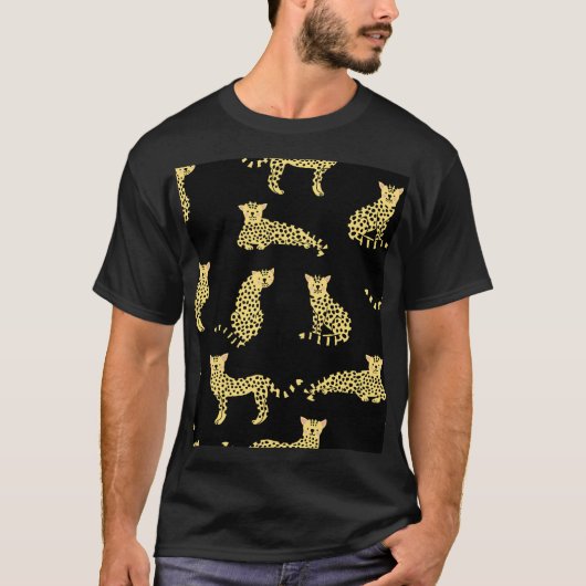 ヒョウ柄:黒い背景のチーズ Tシャツ (正面)