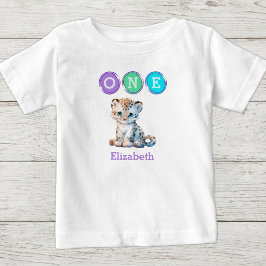 ヒョウ柄 1歳の誕生日 名入れ パープル ベビーTシャツ