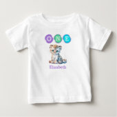 ヒョウ柄 1歳の誕生日 名入れ パープル ベビーTシャツ (正面)