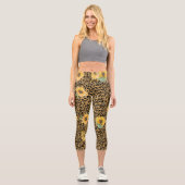 ヒョウ毛皮アニマルプリントヒマワリ金ゴールドメタリック カプリレギンス (正面)