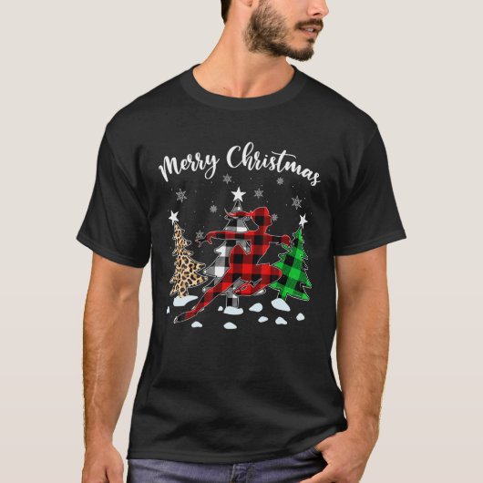 ヒョウ水牛プレイドアイススケートで滑る選手クリスマス Tシャツ (正面)