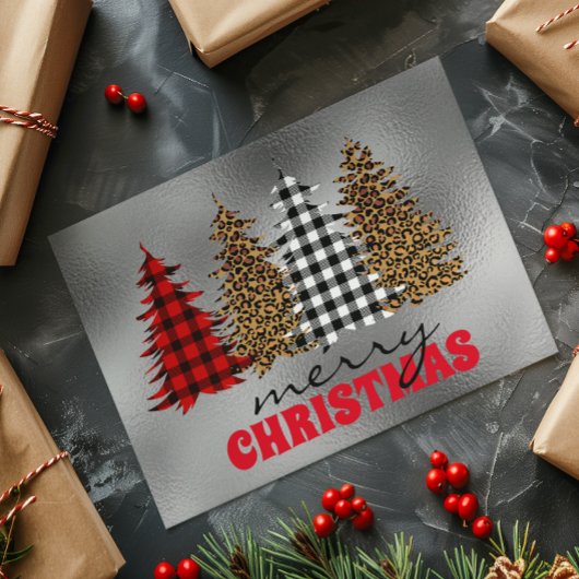 ヒョウ水牛プレイドクリスマスツリーシルバー カード