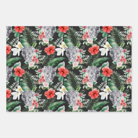 ヒョウ灰色ピンクの黒い牡丹フローラ ラッピングペーパーシート (正面2)