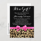ヒョウ熱ピンクボウその女の子サファリ赤ちゃんシャワー インビテーションポストカード (正面/裏面)
