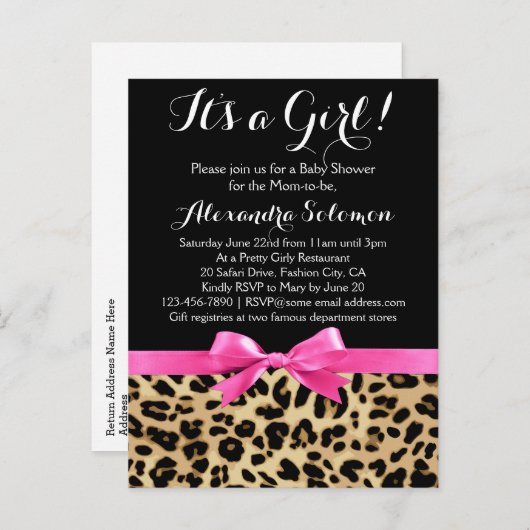 ヒョウ熱ピンクボウその女の子サファリ赤ちゃんシャワー インビテーションポストカード (正面/裏面)