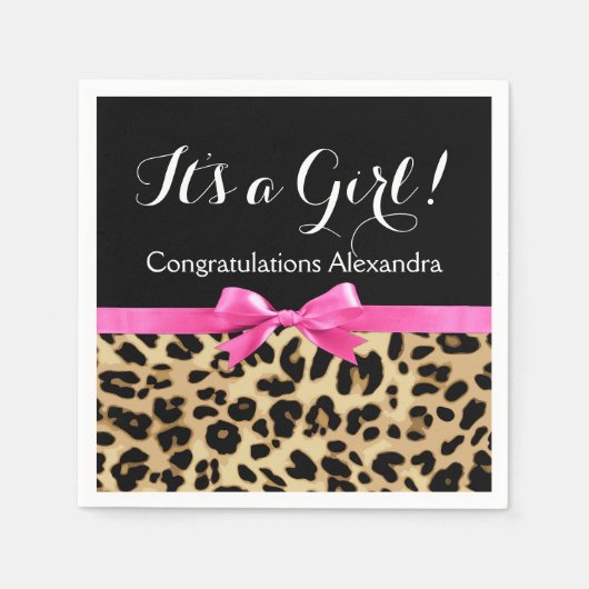 ヒョウ熱ピンクボウその女の子サファリ赤ちゃんシャワー スタンダードカクテルナプキン (正面)