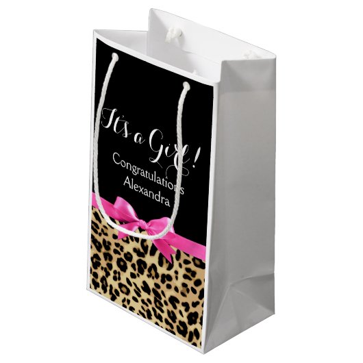 ヒョウ熱ピンクボウその女の子サファリ赤ちゃんシャワー スモールペーパーバッグ (裏面アングル)
