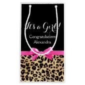 ヒョウ熱ピンクボウその女の子サファリ赤ちゃんシャワー スモールペーパーバッグ (正面)