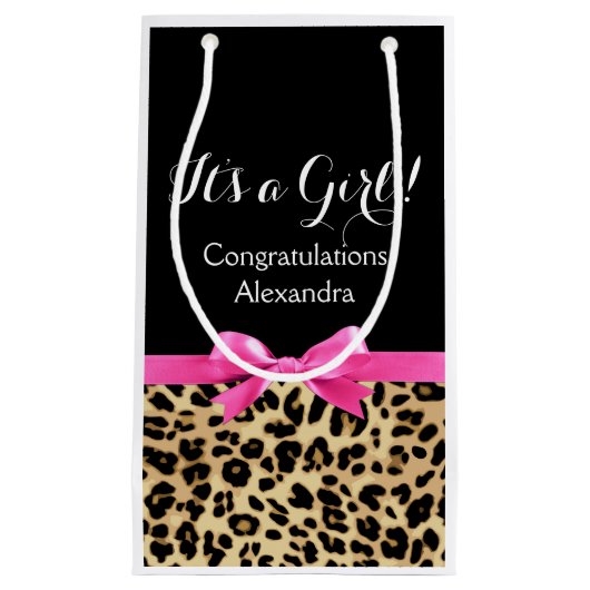 ヒョウ熱ピンクボウその女の子サファリ赤ちゃんシャワー スモールペーパーバッグ (正面)