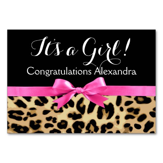 ヒョウ熱ピンクボウその女の子サファリ赤ちゃんシャワー テーブルナンバー (裏面)