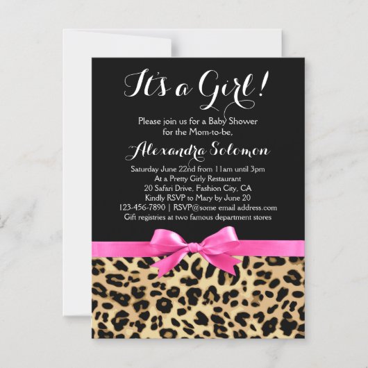 ヒョウ熱ピンクボウその女の子サファリ赤ちゃんシャワー マグネット招待状 (正面)