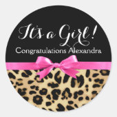 ヒョウ熱ピンクボウその女の子サファリ赤ちゃんシャワー ラウンドシール (正面)