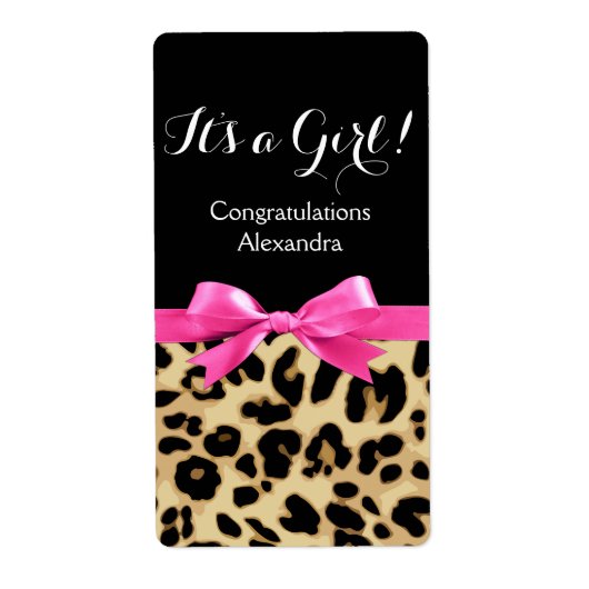 ヒョウ熱ピンクボウその女の子サファリ赤ちゃんシャワー ラベル (正面)