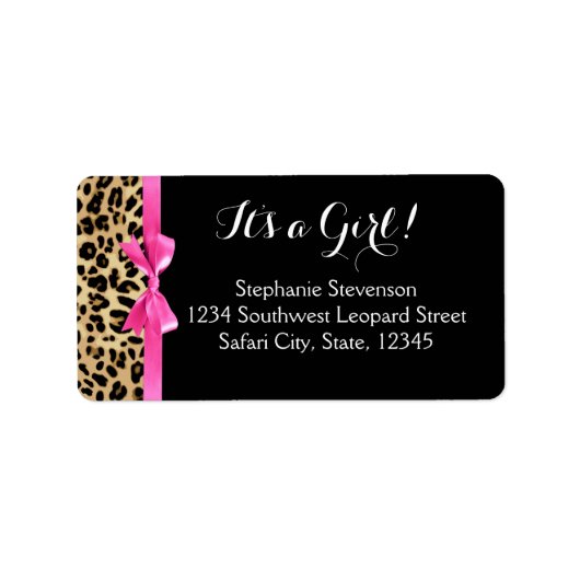 ヒョウ熱ピンクボウその女の子サファリ赤ちゃんシャワー ラベル (正面)