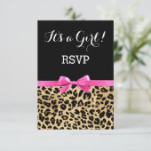 ヒョウ熱ピンクボウその女の子サファリ赤ちゃんシャワー 招待状 (スタンド正面)