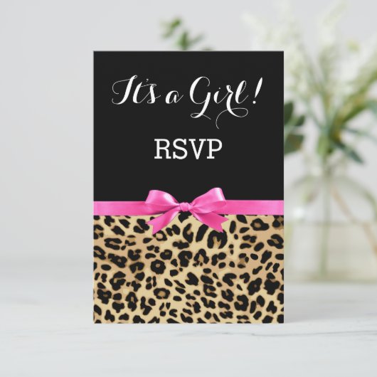 ヒョウ熱ピンクボウその女の子サファリ赤ちゃんシャワー 招待状 (スタンド正面)