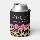 ヒョウ熱ピンクボウその女の子サファリ赤ちゃんシャワー 缶クーラー (缶正面)