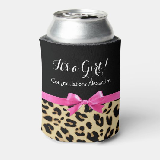 ヒョウ熱ピンクボウその女の子サファリ赤ちゃんシャワー 缶クーラー (缶裏面)