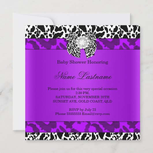 ヒョウ牛パープルガール赤ちゃんシャワーエスニック 招待状 (裏面)