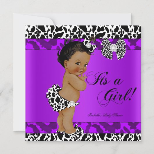 ヒョウ牛パープルガール赤ちゃんシャワーエスニック 招待状 (正面)