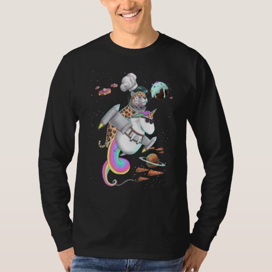 ヒョウ猫乗りユニコーンフードピザ宇宙パーティー Tシャツ (正面)