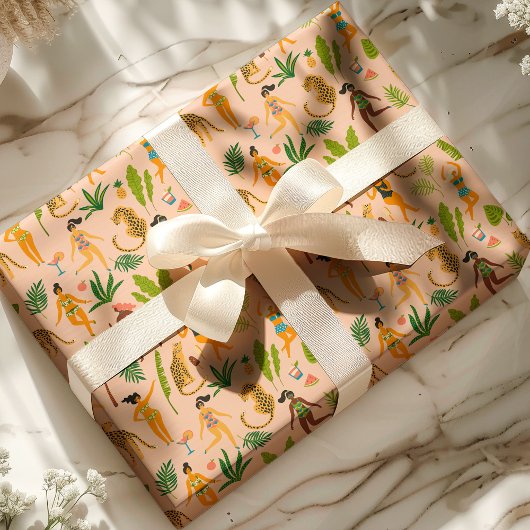 ヒョウ猫熱帯アフリカのジャングルパターン ラッピングペーパー