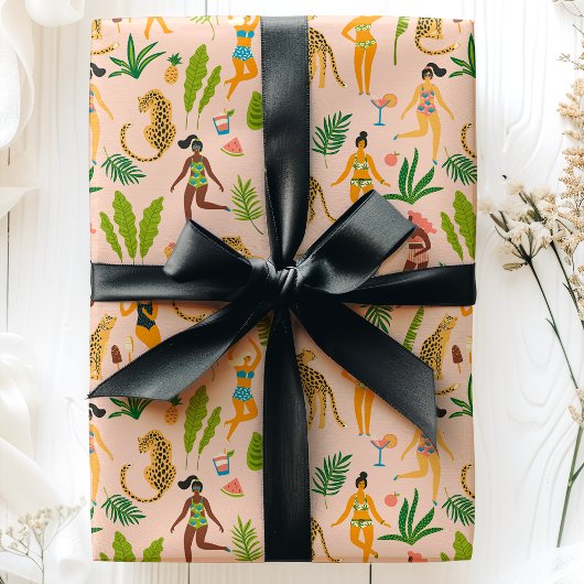 ヒョウ猫熱帯アフリカのジャングルパターン ラッピングペーパー